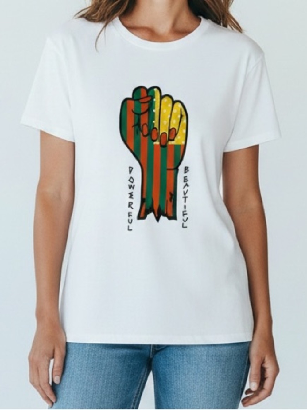 Rue21 White Tee with Multicolor Fist Graphic